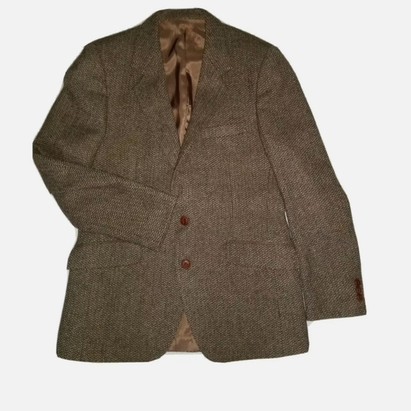 Haymarket Shetland Brown Blue Wool Tweed Vintage Blazer Jacket Elbow Patch 40 R - Picture 2 of 8
